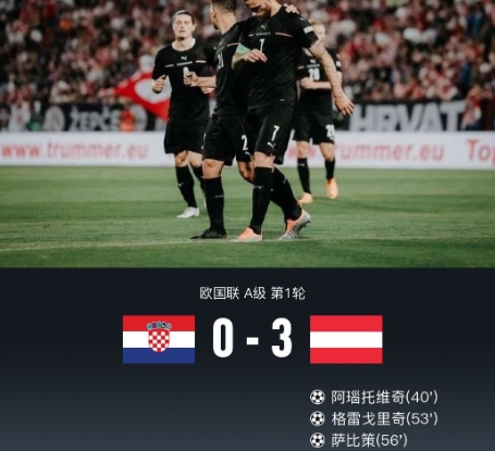 奥地利3-0克罗地亚 阿瑙托维奇破门 