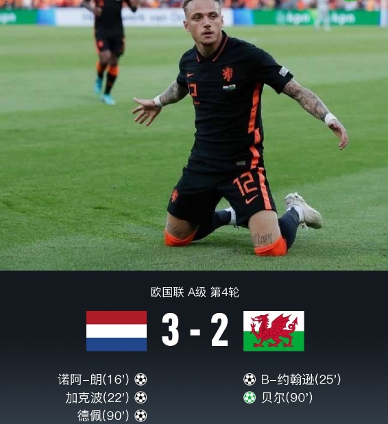 荷兰3-2双杀威尔士，贝尔伤停补时点射扳平，德佩读秒反绝杀 