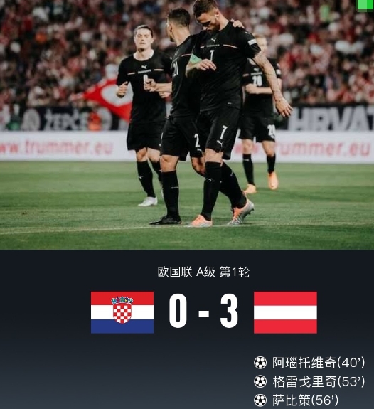 奥地利 3-0 克罗地亚，阿瑙托维奇破门，朗尼克国家队首秀获胜
