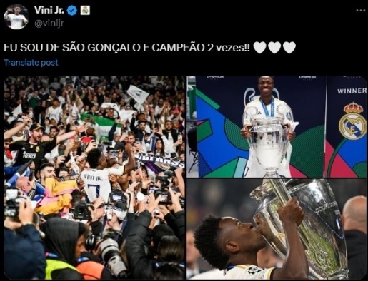 巴西来的欧冠之星！维尼修斯庆祝：两次欧冠冠军！