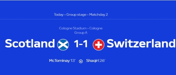 麦克托米奈神奇进球！苏格兰VS瑞士1-1，欧洲杯VAR悬念一幕