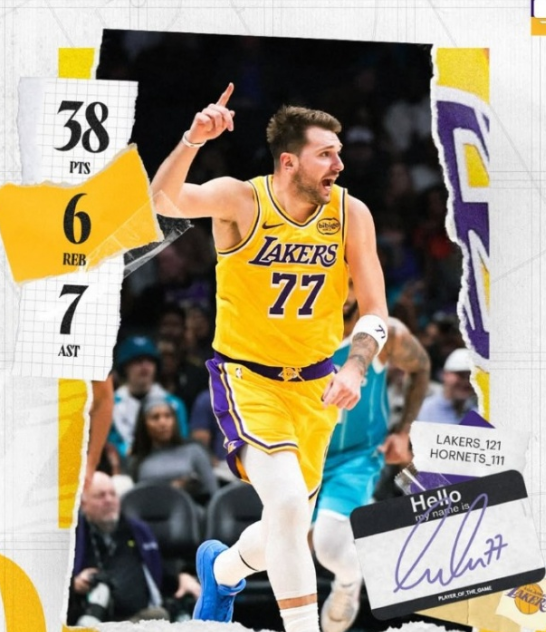 东契奇 38+6+7 率湖人胜黄蜂 拉拉维亚转发致敬