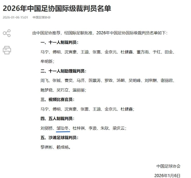 浙江骄傲！邹治冬连任五人制国际级裁判 浙江足协发贺电