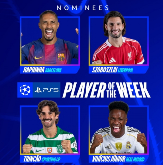 欧冠本周最佳候选公布 四大球星入围